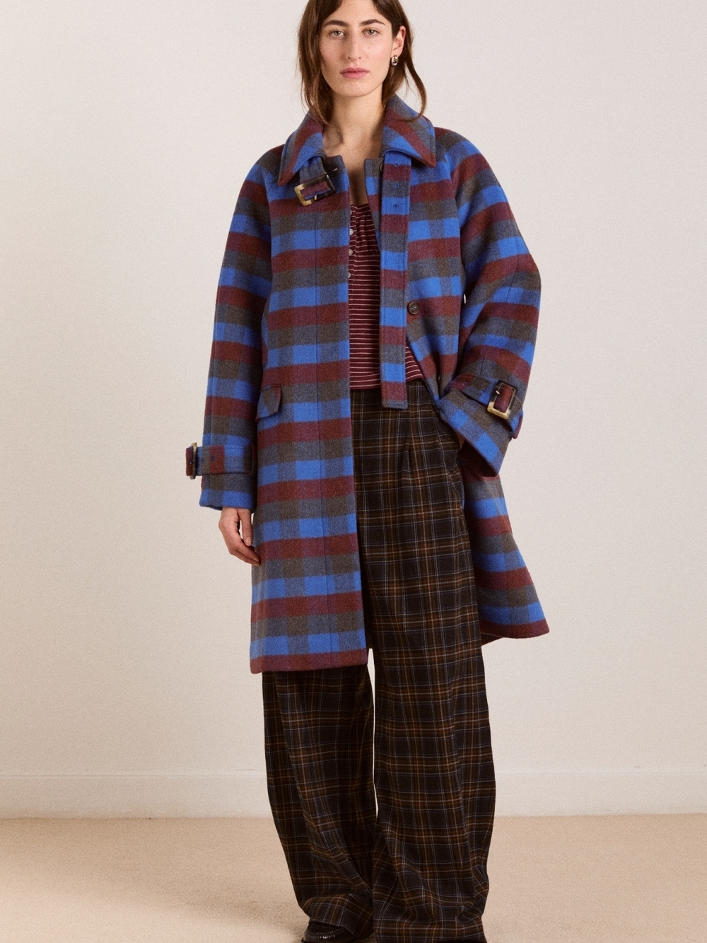 Checked Wool Trench Coat in Blue and Brown